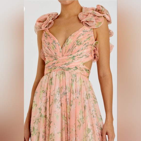 Mac Duggal Pink Peach Ruffle Tiered Floral Cut-Out Chiffon Gown sz 4 NEW - Picture 4 of 14